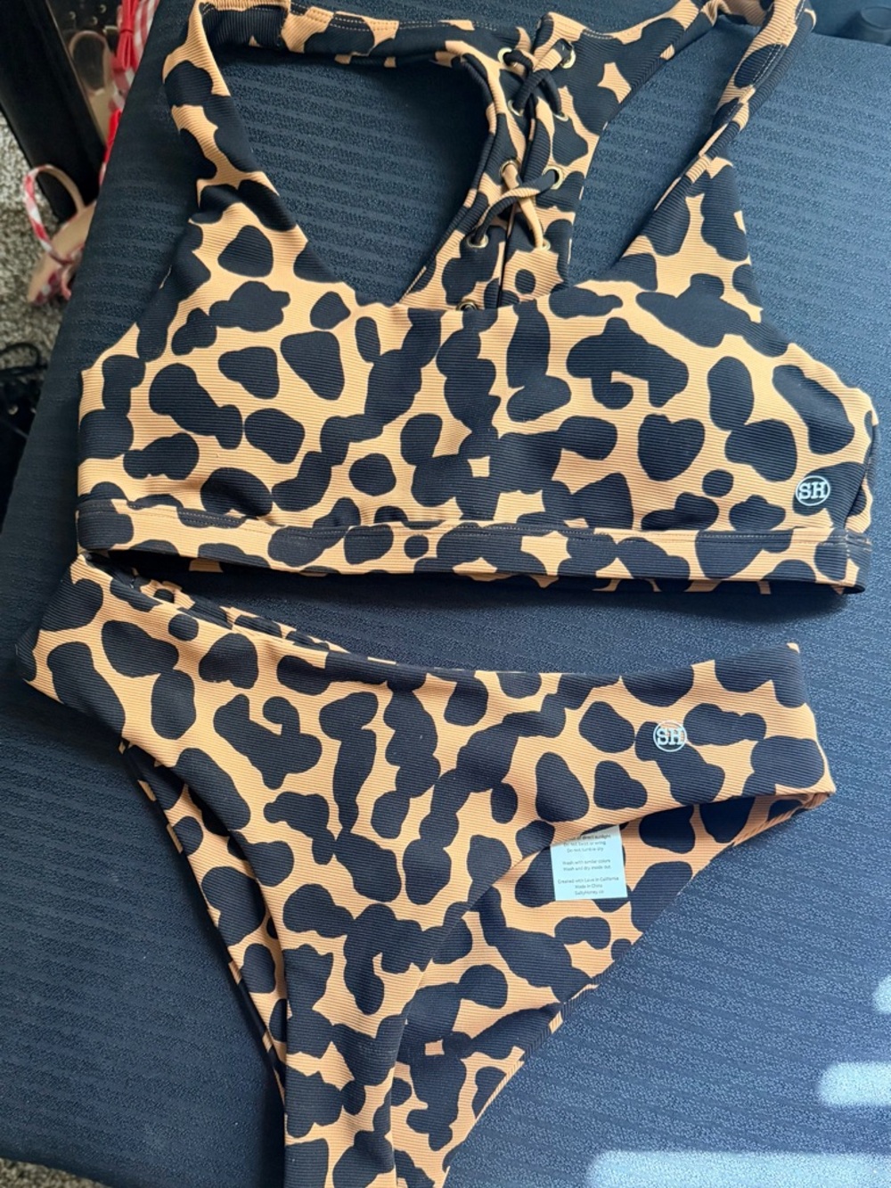 Leopard Print Lace-Up Bikini Set - Black & Tan